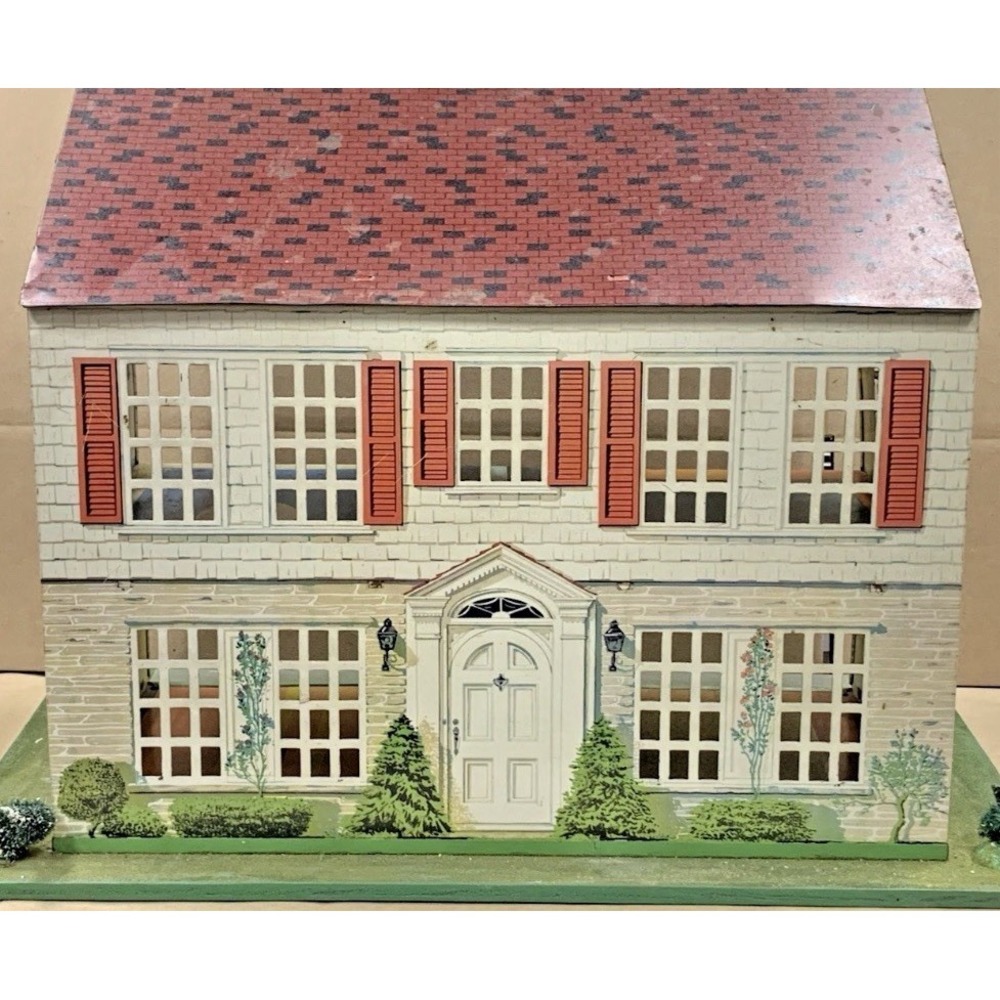 Vintage 1950's Woolworths Playsteel Dollhouse 2 Story Colonial Tin Lithograph